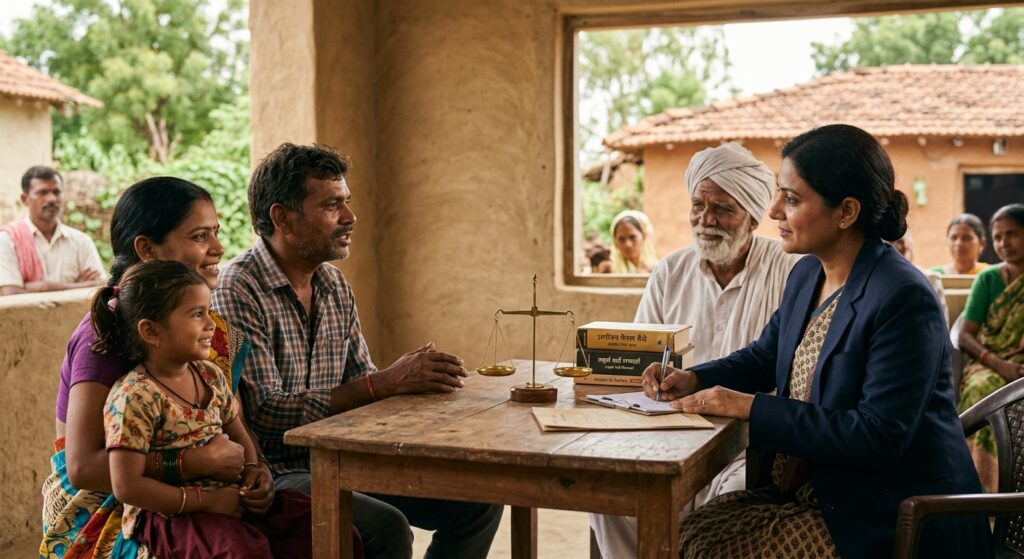 A female lawyer in a suit and sari meets with a family in a rural village, with a scale of justice on the table