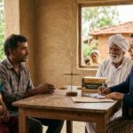 A female lawyer in a suit and sari meets with a family in a rural village, with a scale of justice on the table